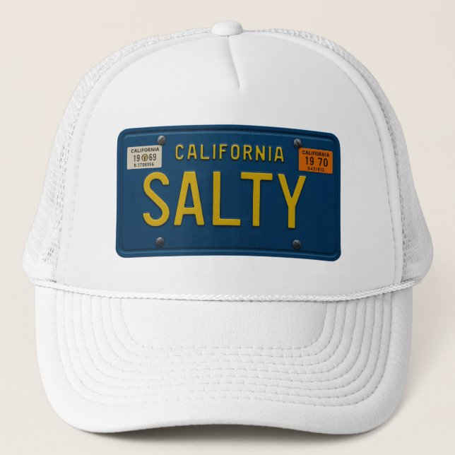 Salty Retro 1969 California License Plate Graphic Truckerkappe (Vorderseite)