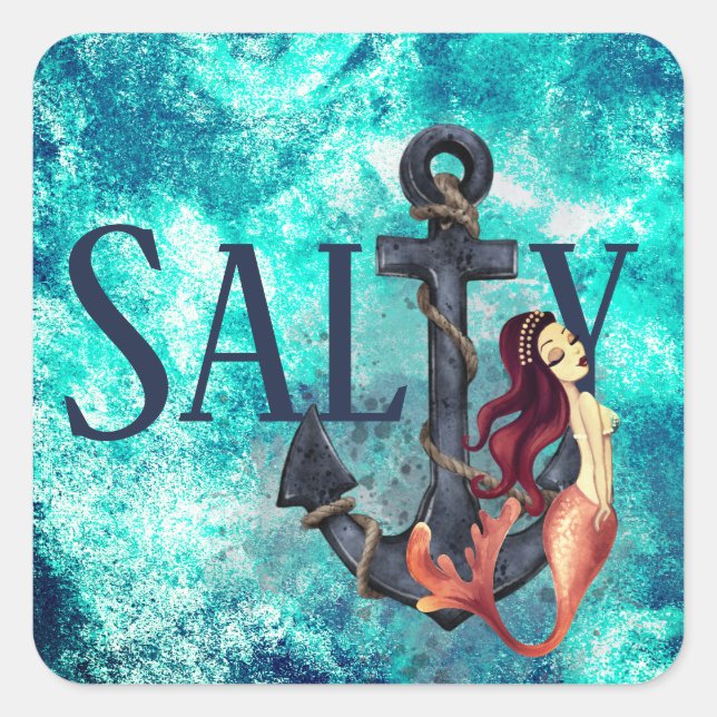 Salty - Schöne Meerjungfrau, Anchor Nautical Quadratischer Aufkleber (Vorderseite)