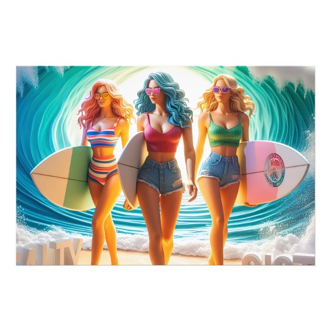Salty Sisterhood Trio Girls Beach Walk Surfer Fotodruck (Vorne)