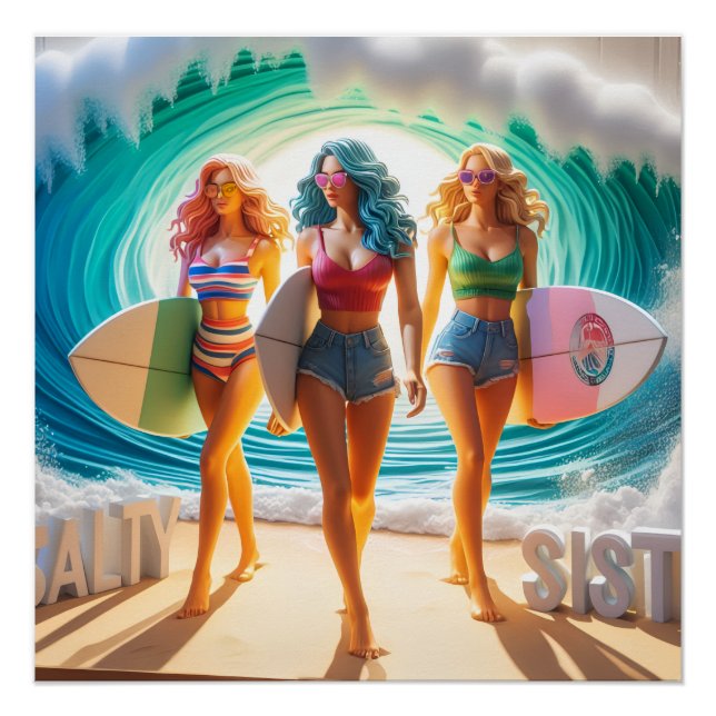 Salty Sisterhood Trio Girls Beach Walk Surfer Poster (Vorderseite)