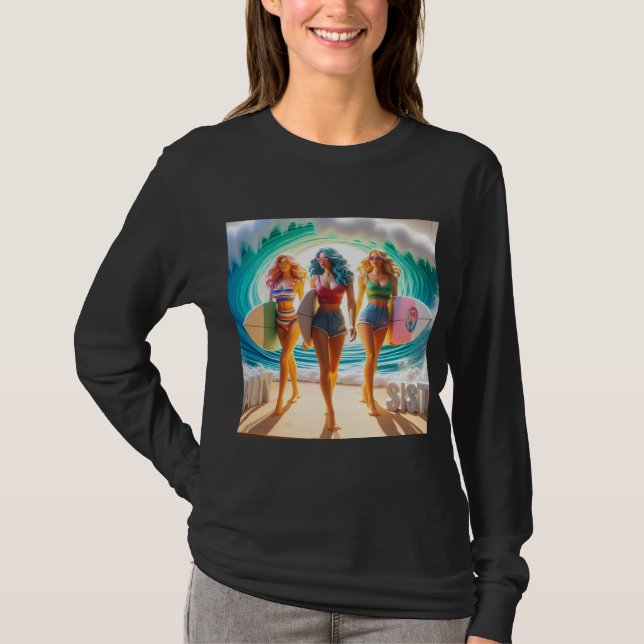 Salty Sisterhood Trio Girls Beach Walk Surfer T-Shirt (Vorderseite)