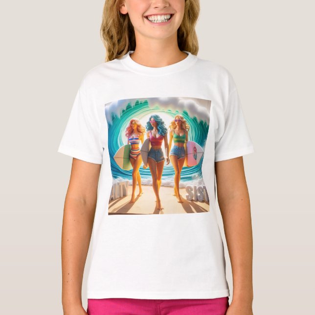 Salty Sisterhood Trio Girls Beach Walk Surfer T-Shirt (Vorderseite)