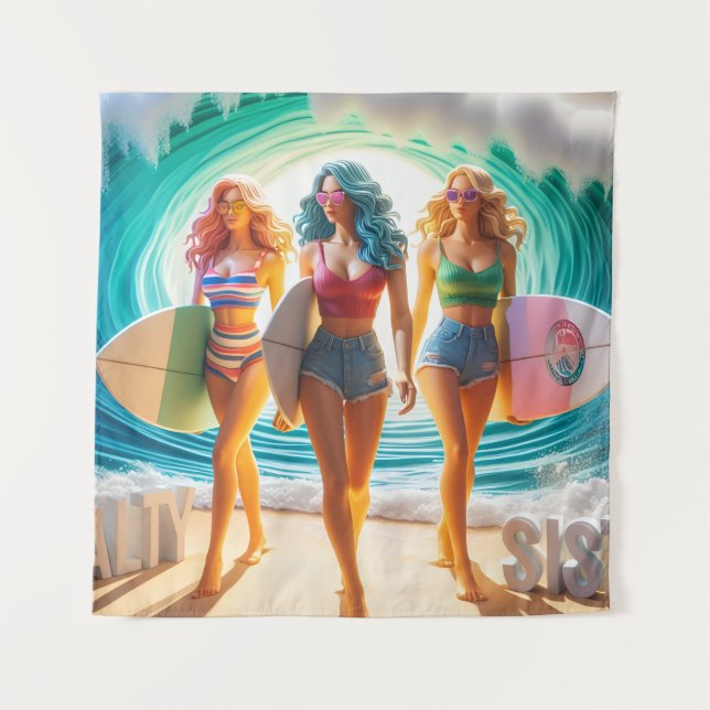 Salty Sisterhood Trio Girls Beach Walk Surfer Wandteppich (Vorderseite)