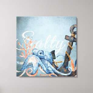 Salty Watercolor Octopus und Anchor Nautical Beach Leinwanddruck