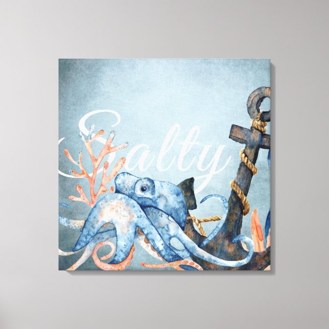 Salty Watercolor Octopus und Anchor Nautical Beach Leinwanddruck (Vorderseite)