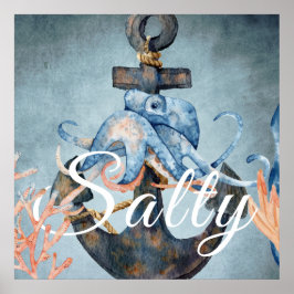 Salty Watercolor Octopus und Anchor Sea Life Beach Poster