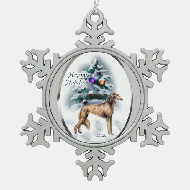Saluki Christmas Schneeflocken Zinn-Ornament (Vorderseite)
