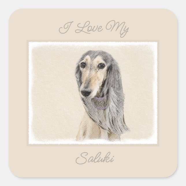 Saluki (Fawn) Malerei - Niedlich Original Hunde Ar Quadratischer Aufkleber (Vorderseite)