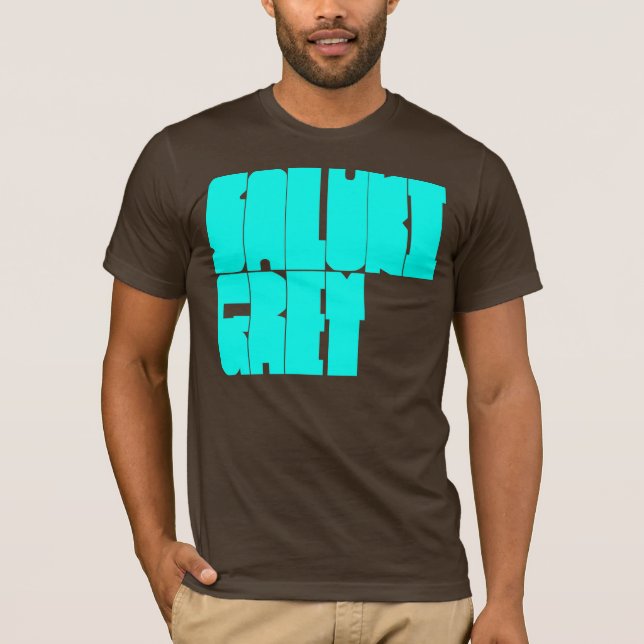 Saluki graue cyan-blaue Blockschrift T-Shirt (Vorderseite)