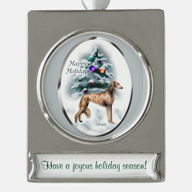 Saluki Personalisiert Weihnachten Banner-Ornament Silber (Vorderseite)