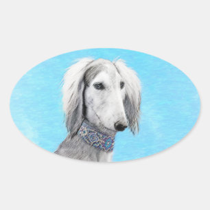 Saluki (Silber) Malerei - Niedliche Original Hunde Ovaler Aufkleber
