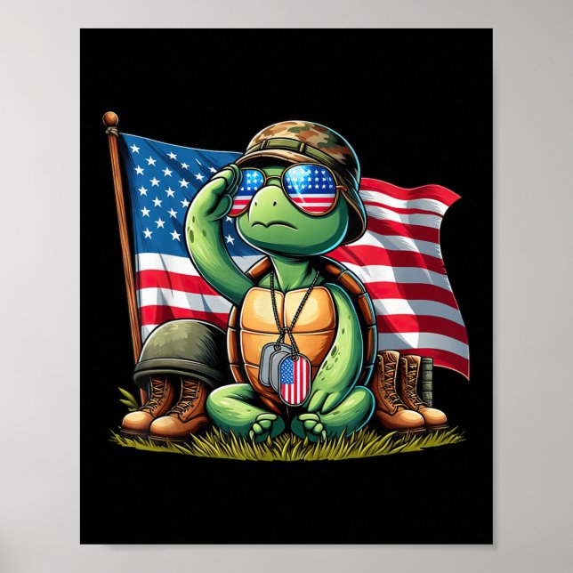 Salute Turtle American Usa Flag Gedenktag 4. Poster (Vorne)
