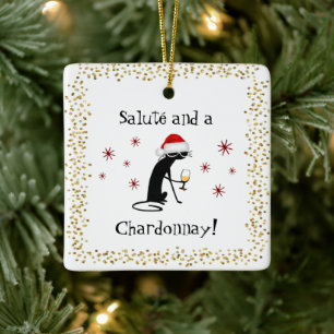 Salute und eine Chardonnay Cat Keramikornament