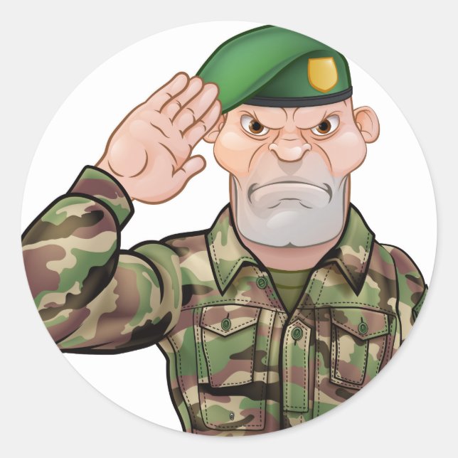 Saluting Soldier Cartoon Runder Aufkleber (Vorderseite)