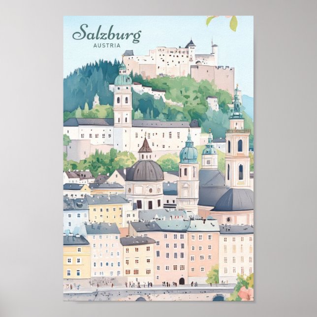 Salzburg Österreich Gouache Paint Illustration Tra Poster (Vorne)