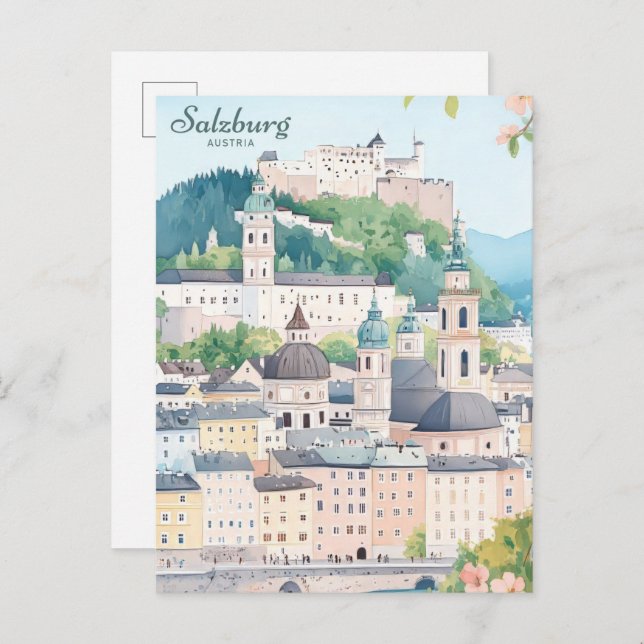 Salzburg Österreich Gouache Paint Illustration Tra Postkarte (Vorne/Hinten)