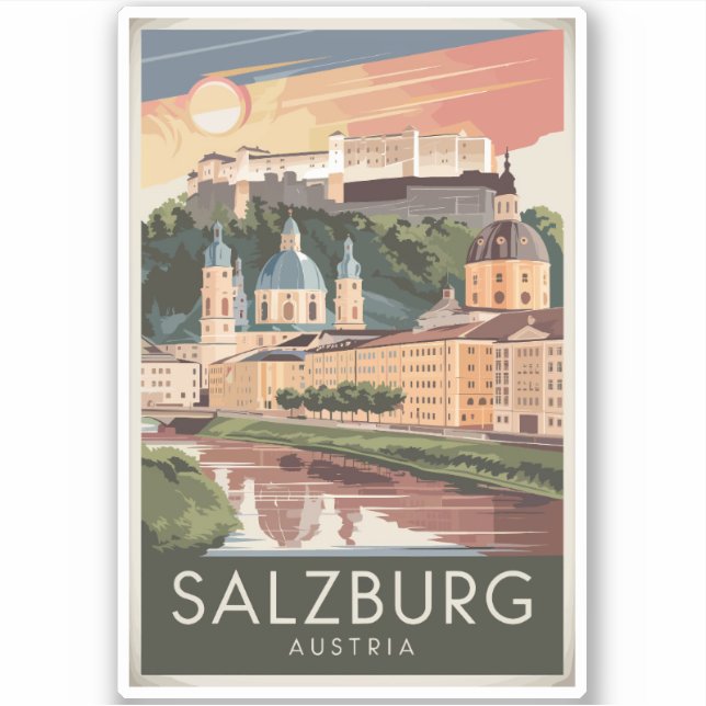 Salzburg Österreich Illustration Travel Art Vintag Aufkleber (Vorderseite)