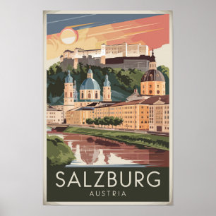 Salzburg Österreich Illustration Travel Art Vintag Poster