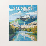 Salzburg Österreich Reisen Kunst Vintag Puzzle<br><div class="desc">Salzburger Retrovektor-Reisedesign. Salzburg ist eine österreichische Stadt an der Grenze zu Deutschland mit Blick auf die Ostalpen. Die Stadt wird durch die Salzach geteilt,  mit mittelalterlichen und barocken Gebäude der FußgängerAltstadt an ihrem links Ufer,  gegenüber der Neustadt aus dem 19. Jahrhundert auf der rechten Seite.</div>