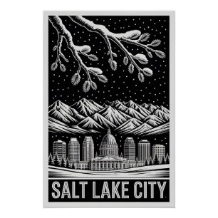 Salzsee-Stadt Utah-Himmel-Linie Schwarz-Weiß-Holzs Poster