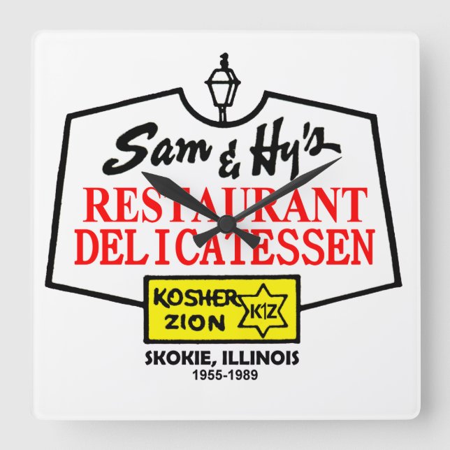 Sam u. Hys Delikatessen, Skokie, IL. (1955-1989) Quadratische Wanduhr (Vorderseite)