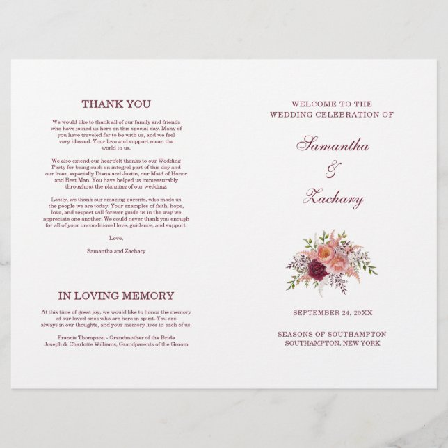Samantha Elegant Burgundy Folded Wedding Program (Vorderseite)