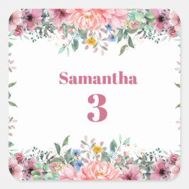 Samantha Floral Stickers, Watercolor Wildflowers Quadratischer Aufkleber