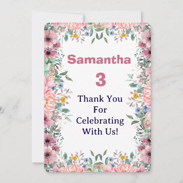 Samantha Floral Thank You Card, 3rd Birthday  Dankeskarte (Vorderseite)