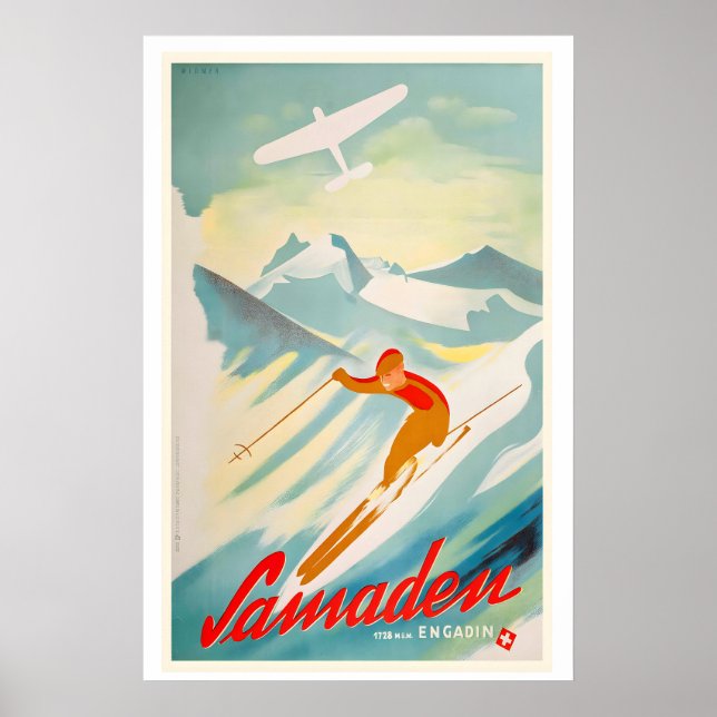 Samedan Engadin Schweiz Vintage-Skiplakat Poster (Vorne)