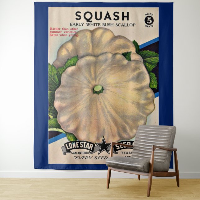 Samenpaket der 50er Jahre, weißer Squash-Druck Wandteppich (Beispiel)