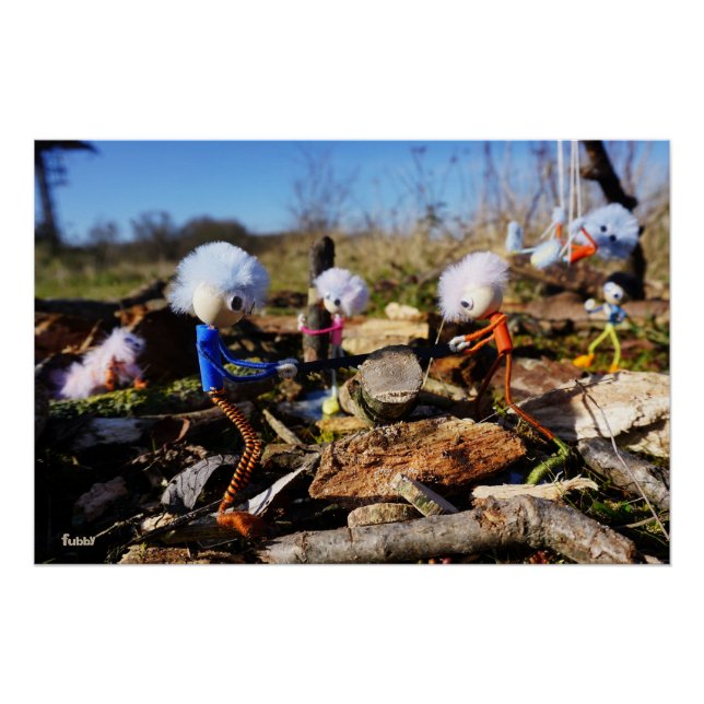 Samenwerking van Fubby poppetjes op een houtwerkpl Poster (Vorderseite)
