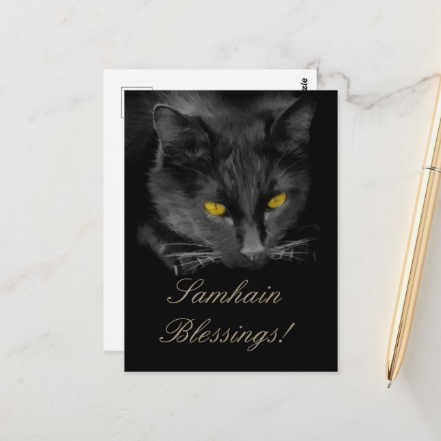 Samhain Black Cat Holiday Postkarte (Vorderseite/Rückseite Beispiel)