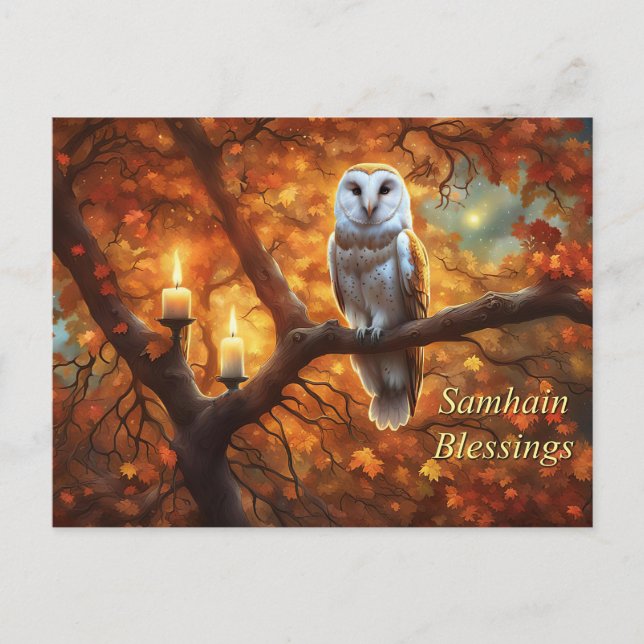 Samhain Holiday mit Owl Candles Postkarte (Vorderseite)