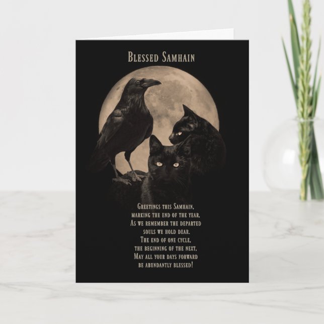 Samhain-Karten mit raven und schwarzen Katzen mit  Karte (Vorderseite)