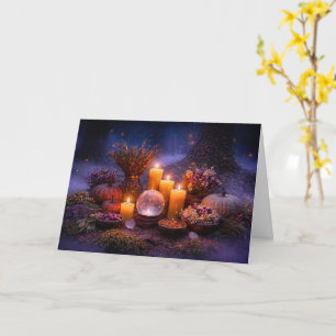 Samhain mit Kerzen Kristall Herbstlaub Blumen Karte
