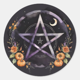 Samhain Pentakel und Herbstkürbis Hexe Runder Aufkleber