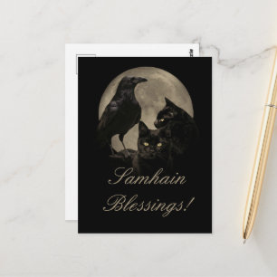 Samhain Rabe und schwarze Katze pagan Postkarte
