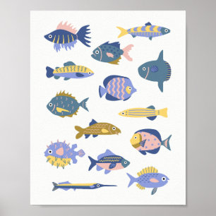 Sammlung von handgezogenen niedlichen Fischen Poster