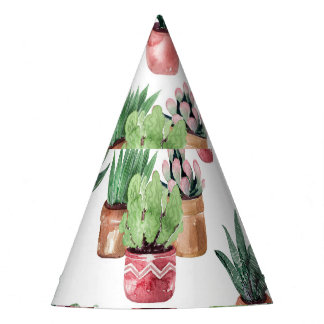 Sammlung von Kakteen in Töpfen, Aquarell. Partyhütchen