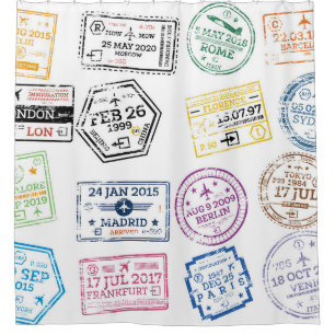 Sammlung von Passport-Briefmarke Abgeschieden auf Duschvorhang