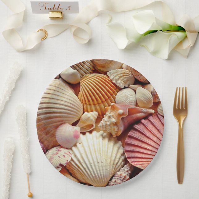 Sammlung von Seashells Scallops Clams and Conch Pappteller (Hochzeit)