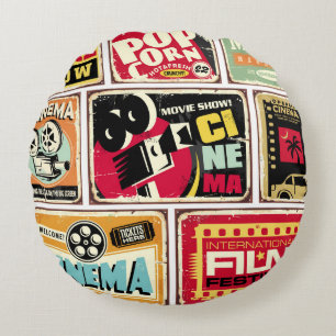 Sammlung von Vintage-Kino-Zinnschildern. Filmindus Rundes Kissen
