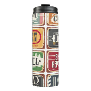 Sammlung von Vintage-Shop-Postern. Retro-Shop-Zinn Thermosbecher