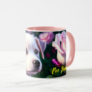 Sammlung von weißen Hunden und Rose Tasse