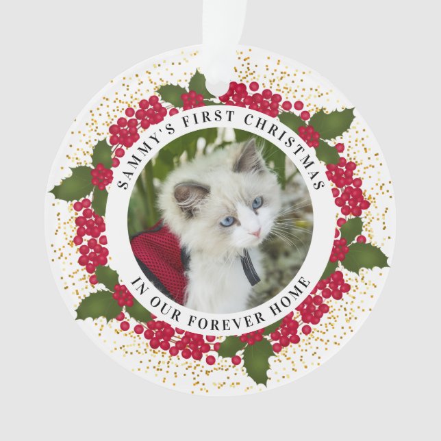 Sammy's erstes Forever-Zuhause Weihnachts-Cat-Foto Ornament (Vorderseite)