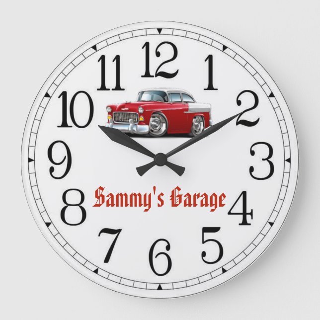 Sammy's Garage Red & White Classic Clock Große Wanduhr (Vorderseite)