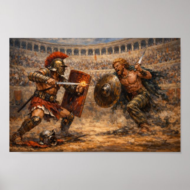Samnite vs Gaul Gladiator Battle Acrylic Painting  Poster (Vorne)