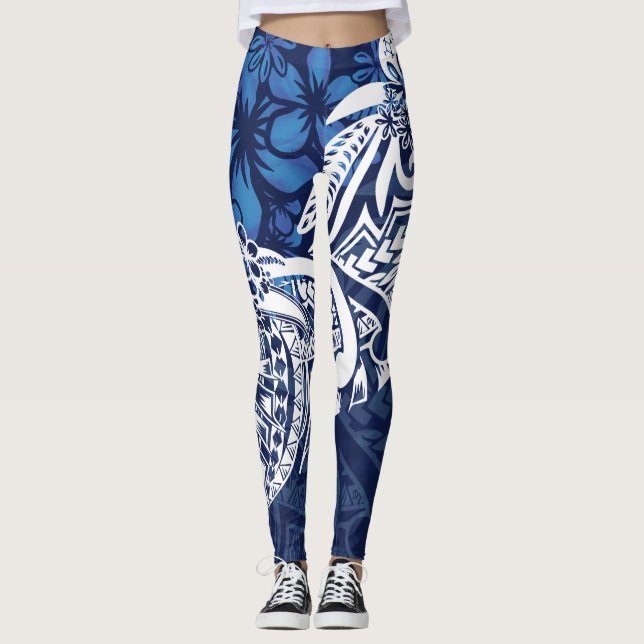 Samoan - Hawaiisch - Polynesisch Blue Tribal Print Leggings (Vorderseite)