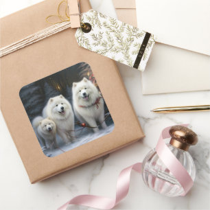 Samojed Schneeschlitten Weihnachtsdekoration Quadratischer Aufkleber