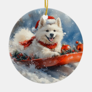 Samojede-Hund im Schlitten Lass es schneien Weihna Keramik Ornament